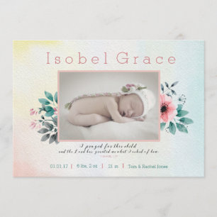 Anuncio de nacimiento floral con verso bíblico