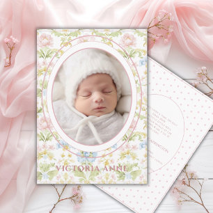Anuncio de nacimiento floral en damasco rosa azul 