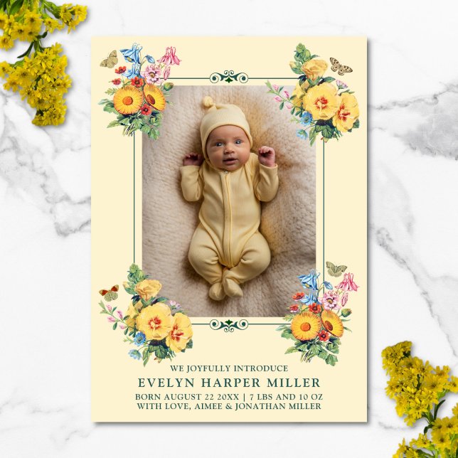 Anuncio de nacimiento Flores de cosecha Tarjeta am (Vintage floral birth announcement card)