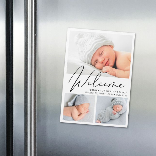Anuncio de nacimiento magnético moderno de 3 fotos (Announce the arrival of your precious baby in a way that is as beautiful and unique as they are)