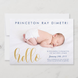 Anuncio de nacimiento moderno Hello con dorado fal