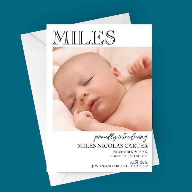 Anuncio de nacimiento moderno y elegante (Classic and Modern Photo Baby Birth Announcement Card)