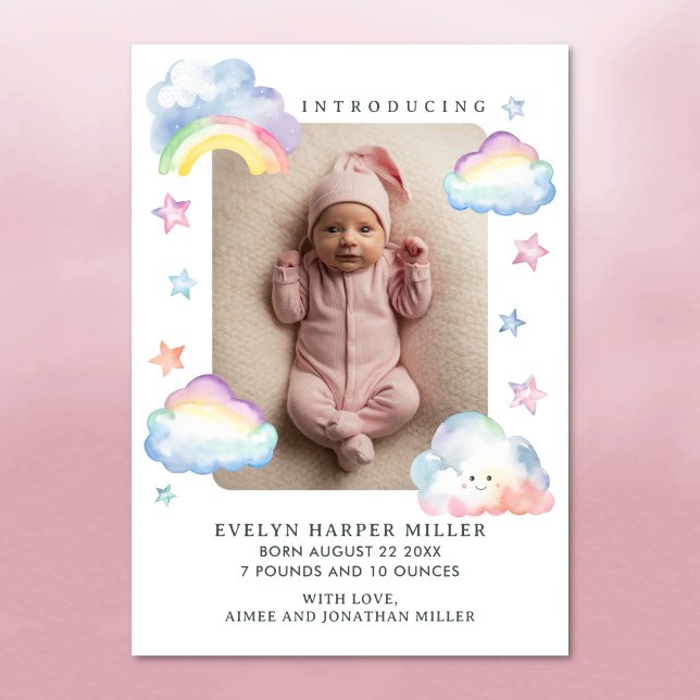 Anuncio de nacimiento Nubes y estrellas Tarjeta de (Birth announcement card with clouds, stars and rainbow)