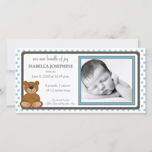 Anuncio de nacimiento personalizado de Teddy Bear  (Anverso)
