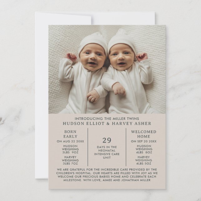 Anuncio de nacimiento Priemie Twins NICU Taupe Car (Anverso)