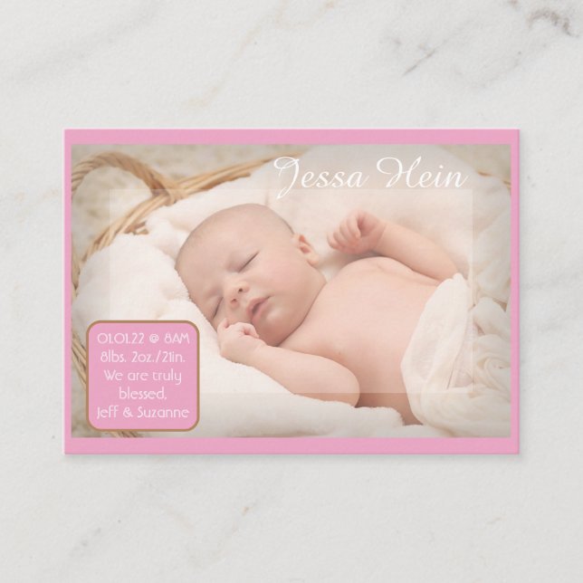 Anuncio de nacimiento rosado bendecido por foto pe (Anverso)