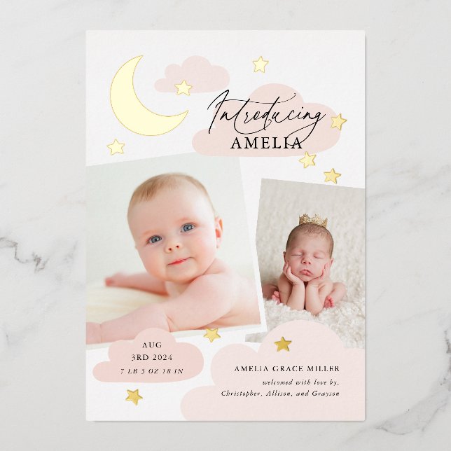 Anuncio de nacimiento rosado de Collage de fotos d (Anverso)