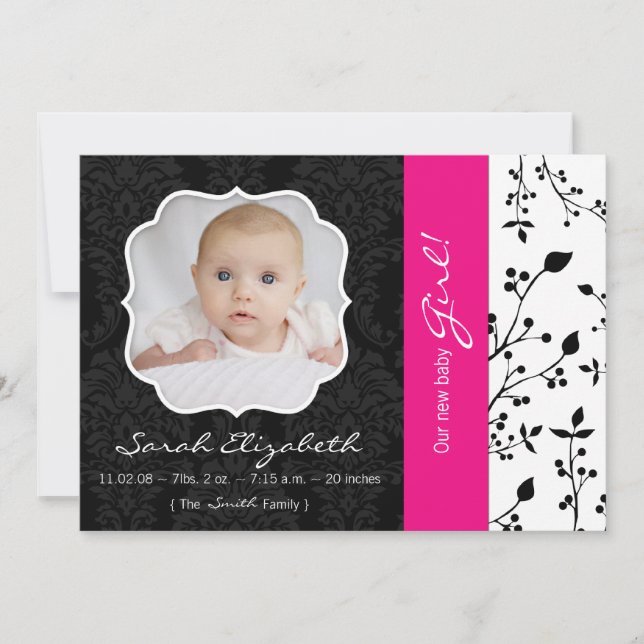 Anuncio de nacimiento rosado negro y caliente (Anverso)