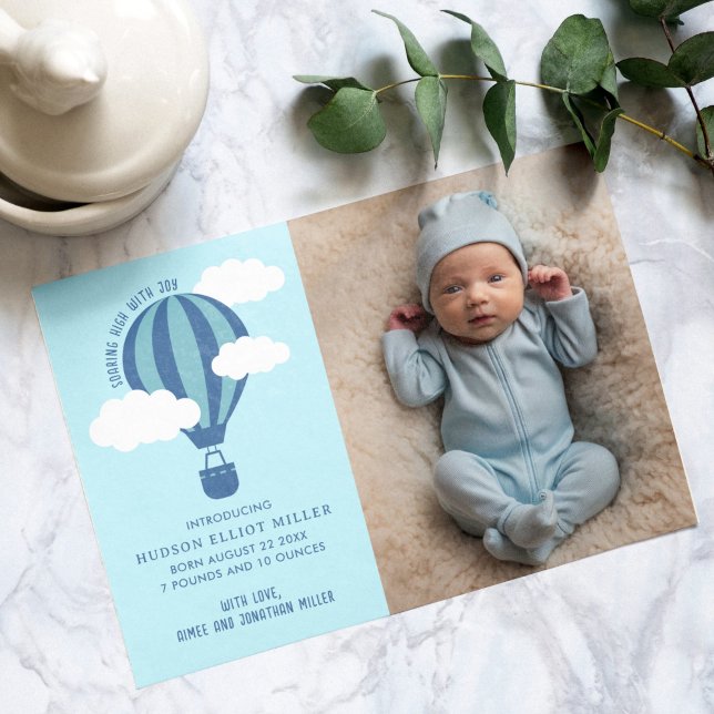 Anuncio de nacimiento Tarjeta azul de globo de air (Hot air balloon birth announcement card)
