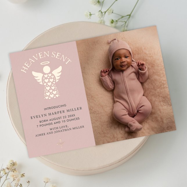 Anuncio de nacimiento tarjeta de ángel de papel de (Heaven sent birth announcement card with rose gold foil)