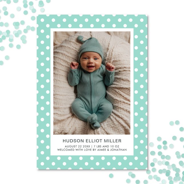 Anuncio de nacimiento Tarjeta de Polka Dots Aqua M (Polka dot birth announcement card in aqua)