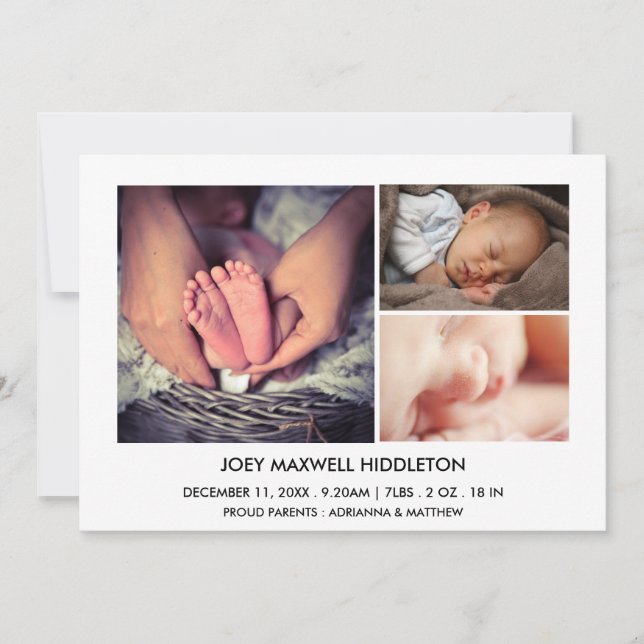 Anuncio de nacimiento tres fotos recién nacidas (Anverso)