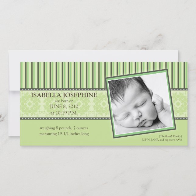 Anuncio de nacimiento verde de Damask & Stripes Li (Anverso)
