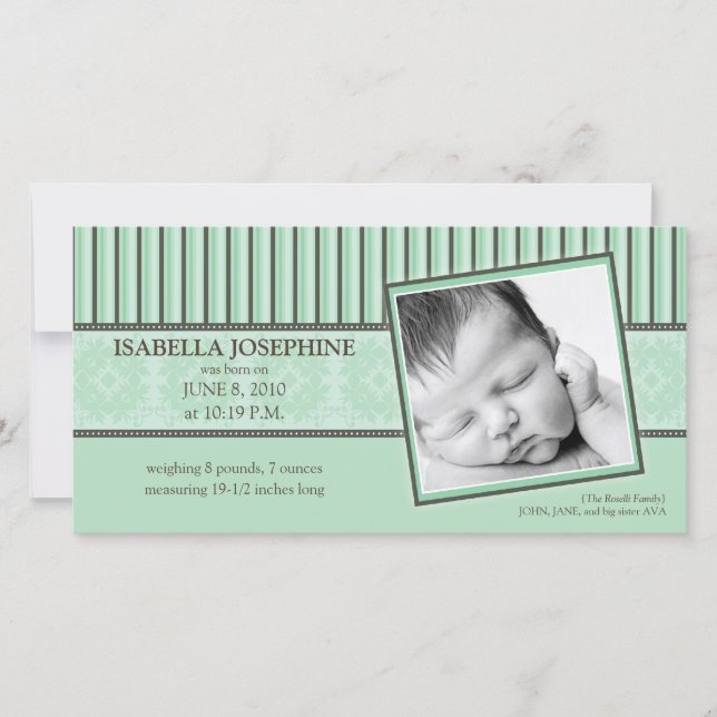 Anuncio de nacimiento verde de Damask & Stripes Mi (Anverso)