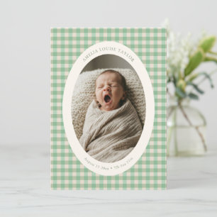 Anuncio de Nacimiento Verde Menta Gingham Óvalo Fo
