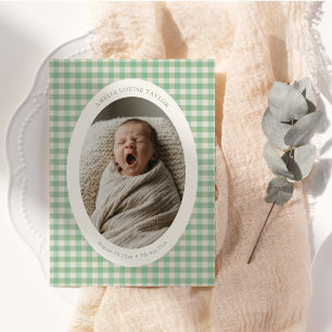 Anuncio de Nacimiento Verde Menta Gingham Óvalo Fo