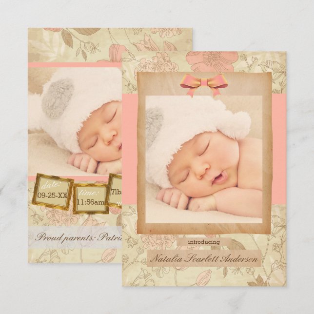 Anuncio de Nacimiento Vintage Rose - 3x5 (Anverso / Reverso)