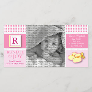 Anuncio de nacimientos monogramados de Gingham ros