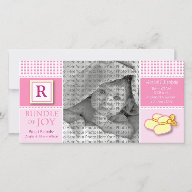 Anuncio de nacimientos monogramados de Gingham ros (Anverso)