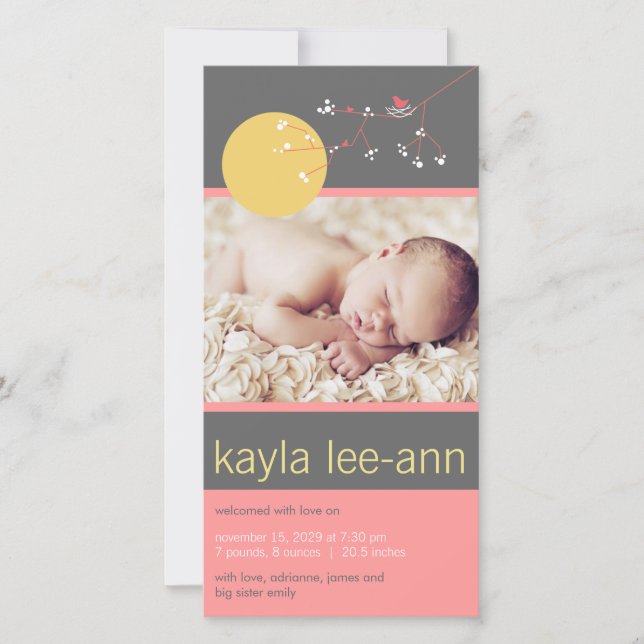 Anuncio de natalidad de bebé y bebé de Nesting Bir (Anverso)