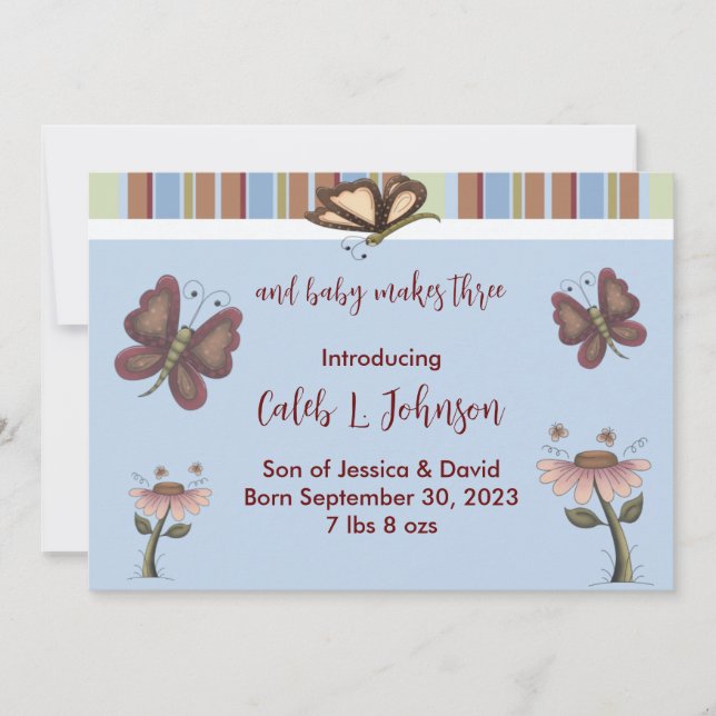 Anuncio de natalidad de Blue Baby Boy Butterfly (Anverso)