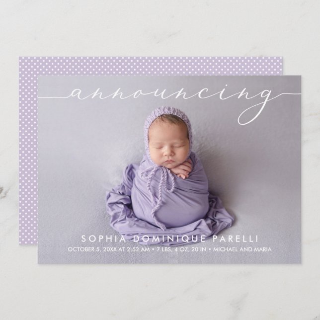 Anuncio de natalidad de foto de niña bebé (Anverso / Reverso)