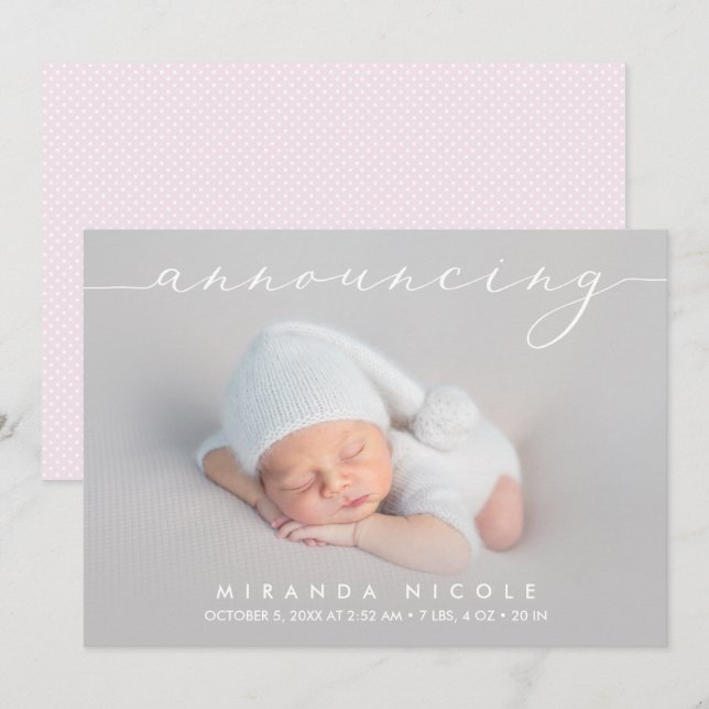 Anuncio de natalidad de foto de niña bebé (Anverso / Reverso)