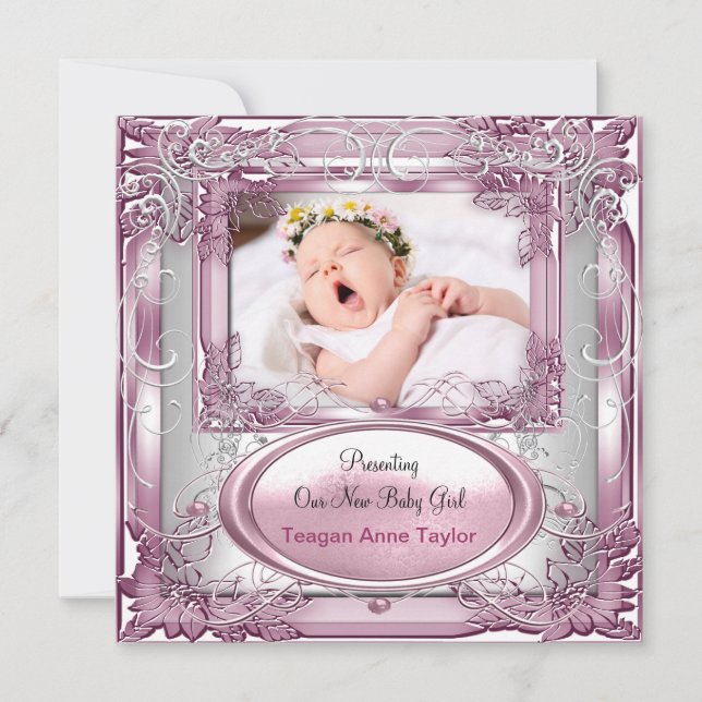 Anuncio de nueva bebé niña rosa plateado (Anverso)