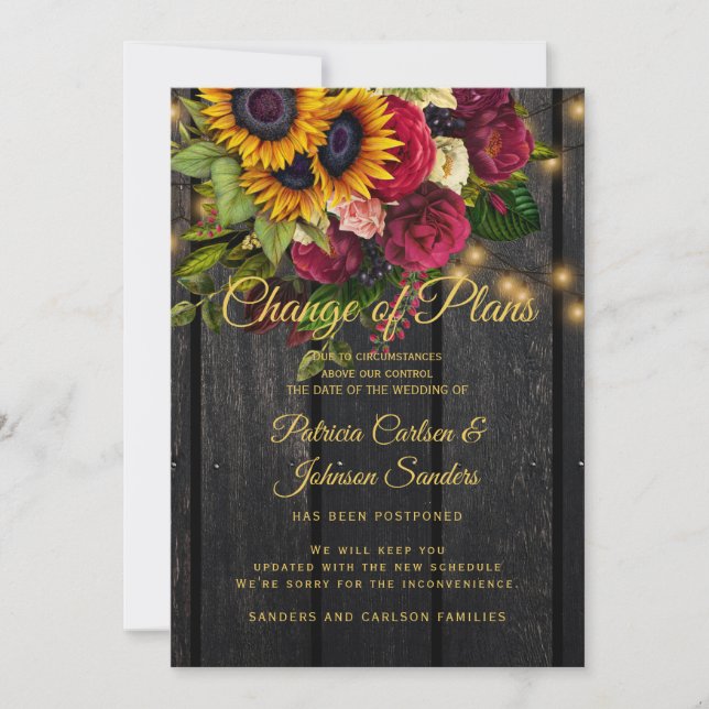Anuncio de nueva fecha de boda de girasoles y rosa (Anverso)