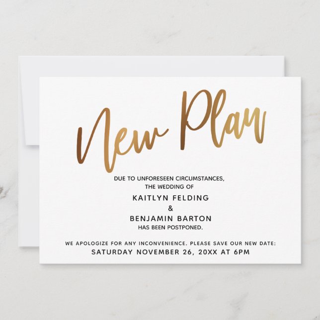 Anuncio de "Nuevo Plan" de Boda Aplazada de Gold (Anverso)