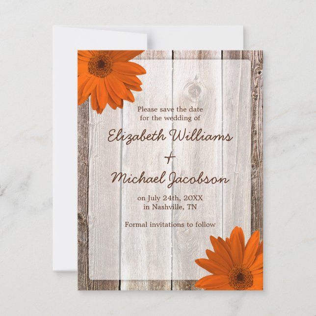 Anuncio de Orange Daisy Barn Wood Save the Date (Anverso)