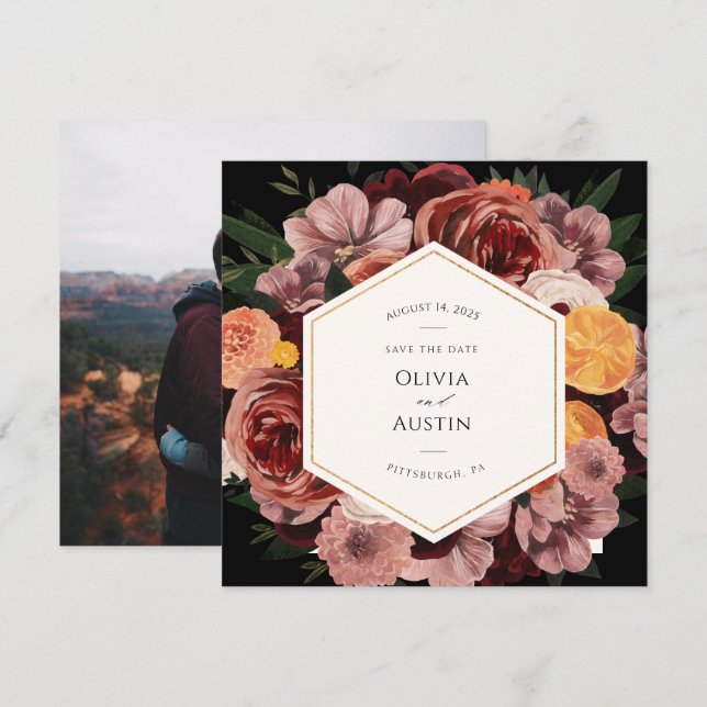 Anuncio de otoño de Borgoña Floral Save the Date c (Anverso / Reverso)