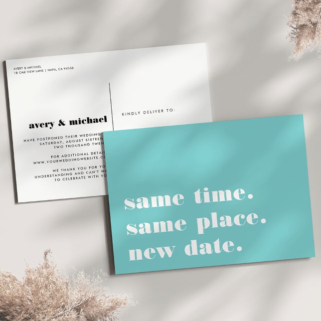 Anuncio de posposición de boda moderna en aqua (Subido por el creador)