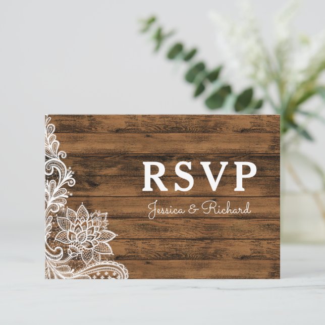 Anuncio de RSVP de boda de madera de granero y enc (Anverso de pie)
