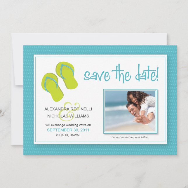 Anuncio de "Save the Date" con tema de playa (aqua (Anverso)