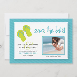 Anuncio de "Save the Date" con tema de playa (aqua