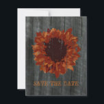 Anuncio de Save The Date de Girasol y Madera de Gr<br><div class="desc">Anuncios de Save The Date de boda con fondo de madera de granero en la parte delantera y trasera. La parte delantera presenta un girasol que parece haber sido pintado sobre la madera del granero. Personalice el texto en la parte delantera y trasera. Busque invitaciones a juego en Jill's Paperie....</div>