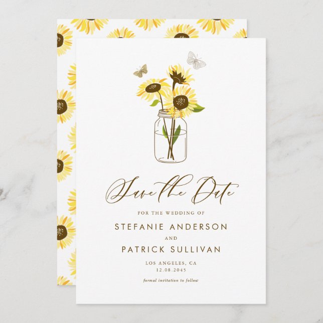 Anuncio de Save the Date de girasoles en frasco de (Anverso / Reverso)
