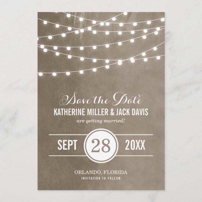 Anuncio de Save the Date de Luces de Cuerda Marrón (Anverso)