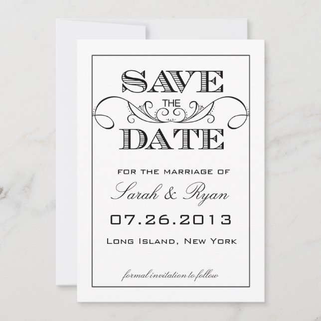 Anuncio de "Save the Date" elegante en blanco y ne (Anverso)