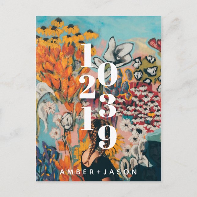 Anuncio de Save the Date floral moderno y extravag (Anverso)