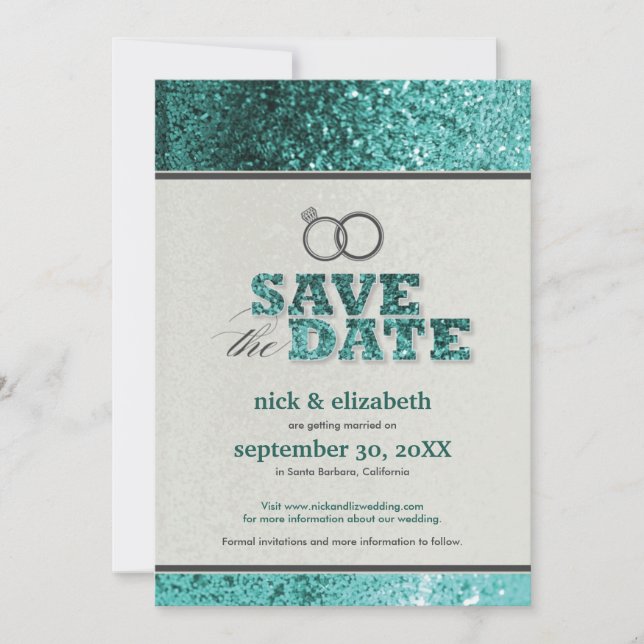 Anuncio de "Save the Date" Glitter Bling (aqua) (Anverso)