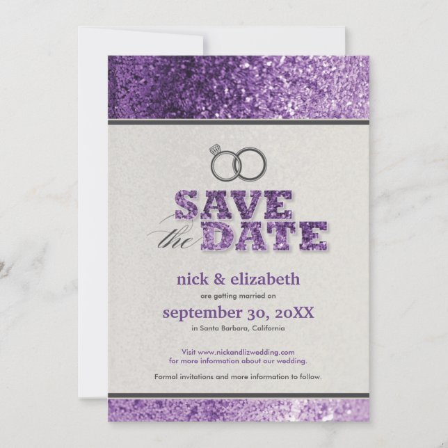 Anuncio de "Save the Date" Glitter Bling (púrpura) (Anverso)