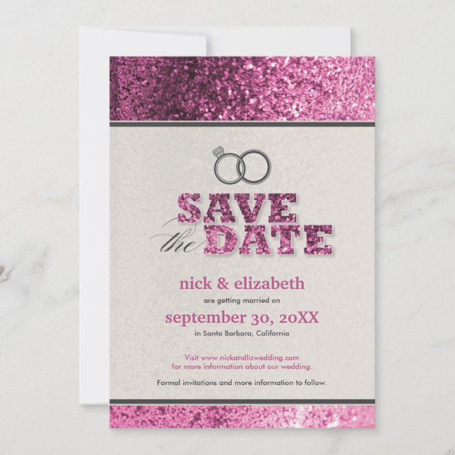 Anuncio de "Save the Date" Glitter Bling (rosa) (Anverso)