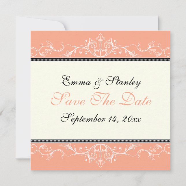 Anuncio de Save the Date ornamental de coral blanc (Anverso)