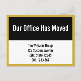 Anuncio de traslado de empresa negro, blanco y dor