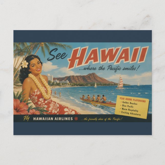 Anuncio de viaje hawaiano de estilo vintage (Anverso)