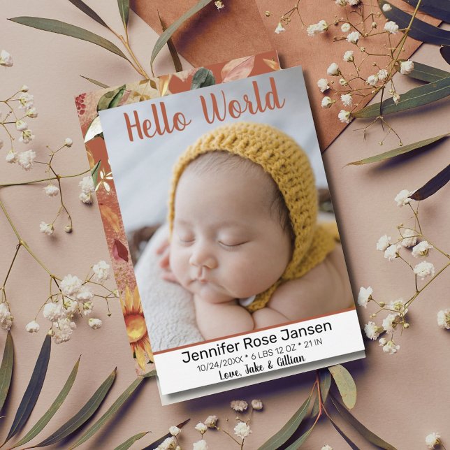 Anuncio del nacimiento de la foto floral de otoño  (Hello World Autumn Floral Birth Announcement Photo Card)