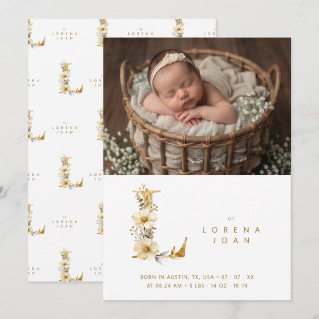 Anuncio Delicate Floral E Initial Gold Glitter Newborn (Anverso / Reverso)