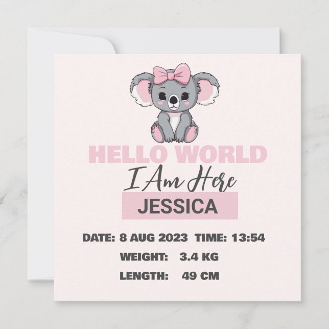 Anuncio Detalles del nacimiento del bebé: Koala rosa (Anverso)